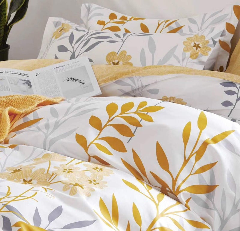 SLEEPBELLA Duvet Cover Queen Size, 600 Thread Count Cotton Grey Branches and Yellow Flower Reversible Comforter Cover(Queen, White Leaf) - Image 4